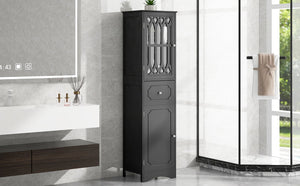 English Elm Tall Bathroom Cabinet Slim Freestanding Storage with Drawer & Doors, Adjustable Shelves, MDF Build Black WF289427AAB