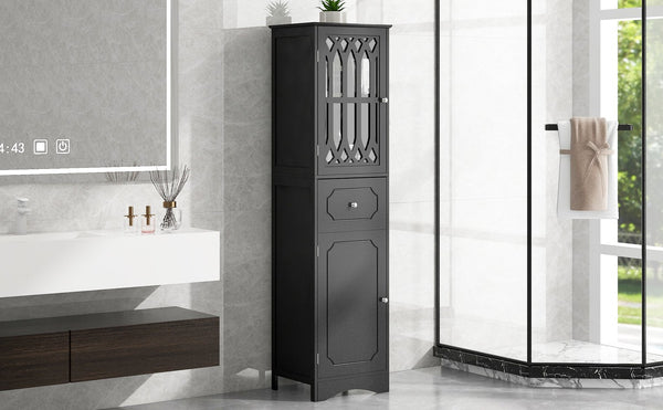 English Elm Tall Bathroom Cabinet Slim Freestanding Storage with Drawer & Doors, Adjustable Shelves, MDF Build Black WF289427AAB