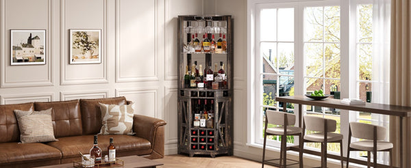 English Elm 67.3" Farmhouse Corner Bar Cabinet Led Lit Wine Storage with Built-in Power Outlets N735P361429D