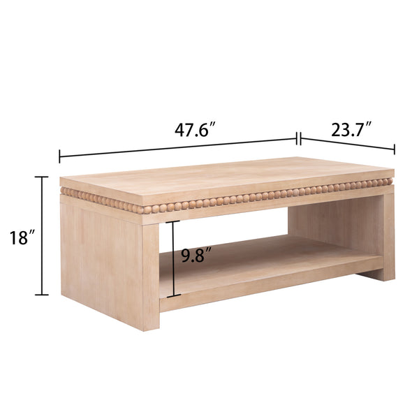 English Elm Modern Wood Coffee Table with Beaded Trim, 52" Rectangular Top & Open Shelf, Light Natural Finish for Farmhouse Living Room Decor W2729P298164