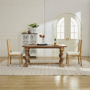 English Elm French Louis Dining Chair Set of 2 with Rattan Square Backrest, Carved Solid Wood Frame, Cushioned Elegance Beige W1143P335056