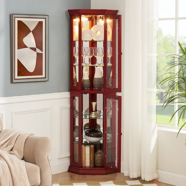 English Elm Corner Curio Cabinet Lighted Glass Shelves Mirrored Backing Living Room Display W2275P177189