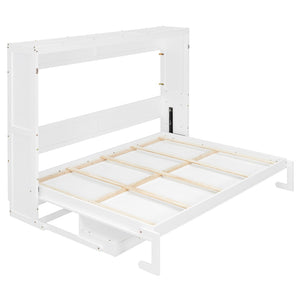 English Elm Queen Murphy Bed Cabinet with Vanity Desk Hydraulic Lift Mirror Distressed Finish White LP000766AAK-1