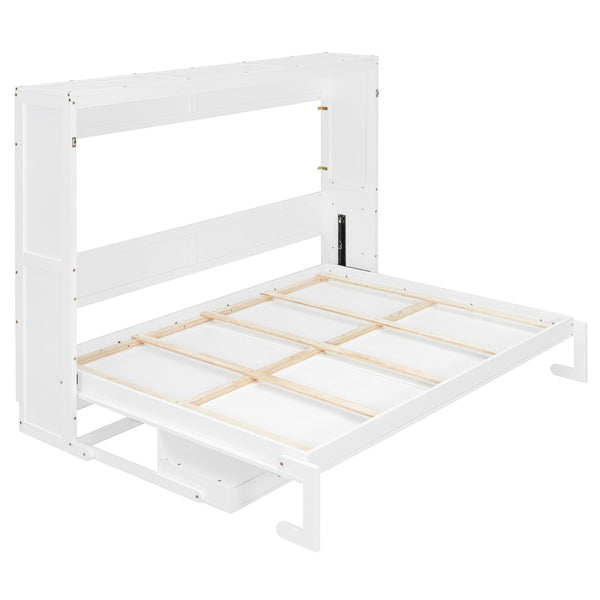English Elm Queen Murphy Bed Cabinet with Vanity Desk Hydraulic Lift Mirror Distressed Finish White LP000766AAK-1