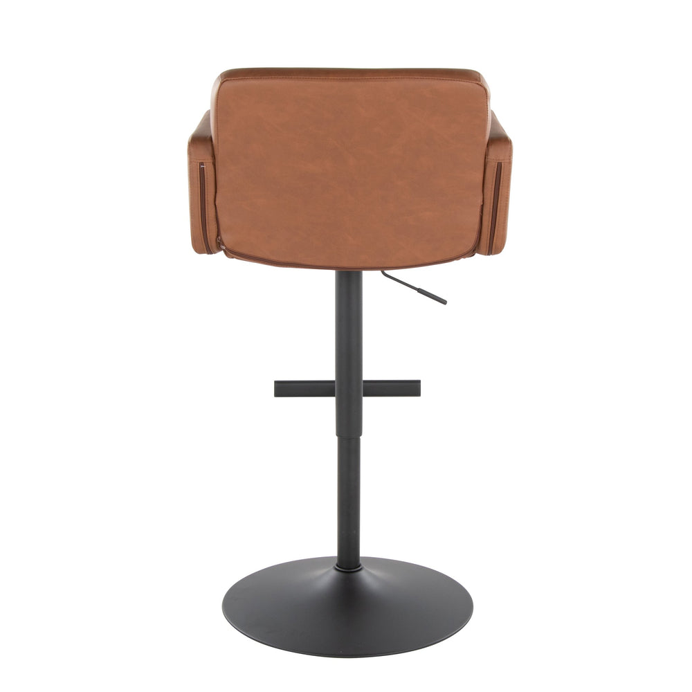 English Elm Stout Adjustable Swivel Barstool in Camel Faux Leather with Armrests, Hydraulic Height, Black Metal Base B202P222335