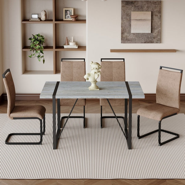 English Elm Table Set - Modern Minimalist Grey Marble Mdf Dining Table With 4 Brown Chairs And Black Legs W1151S02681-GIGA