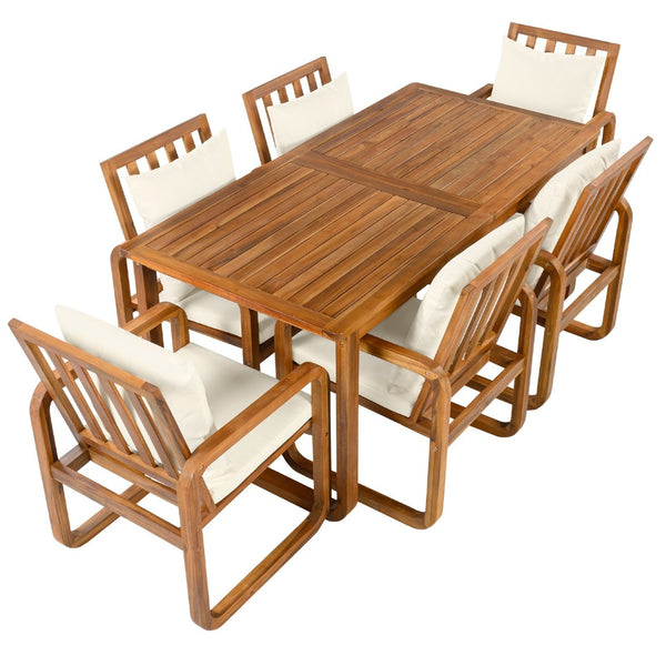 English Elm Outdoor Acacia Wood Dining Set Seats Six with Cushioned Armrest Chairs for Patio Beige,Natural Wood N719Z000200A