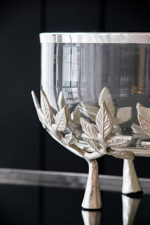 English Elm 13.4x13.4x8.7" Silver Glass Bowl with Floral Cast Aluminum Legs for Elegant Display W2078P490405