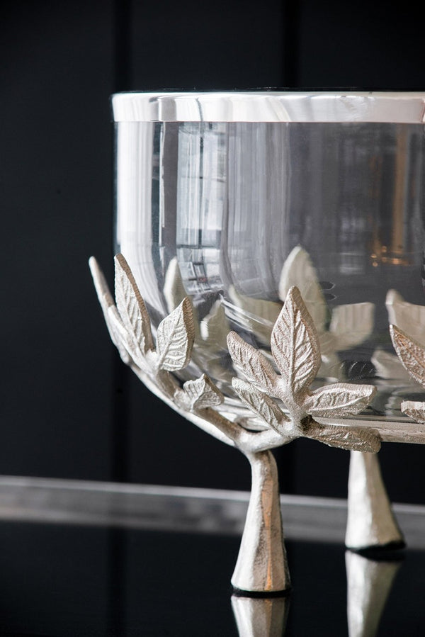 English Elm 13.4x13.4x8.7" Silver Glass Bowl with Floral Cast Aluminum Legs for Elegant Display W2078P490405