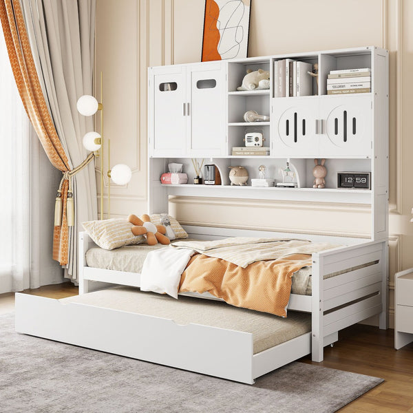English Elm Twin Size Daybed With Trundle & Integrated Storage Shelf - Modern White Design For Kids & Teens N820S00026K-GIGA