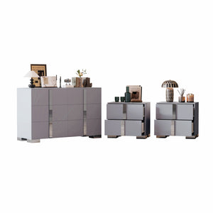 English Elm 3-Pieces Mirrored 6-Drawer Dresser and Two Nightstands with Sleek Metal Legs for Modern Living Gray 54.25 L x 20.75 W x 8.5 H N733S307938G