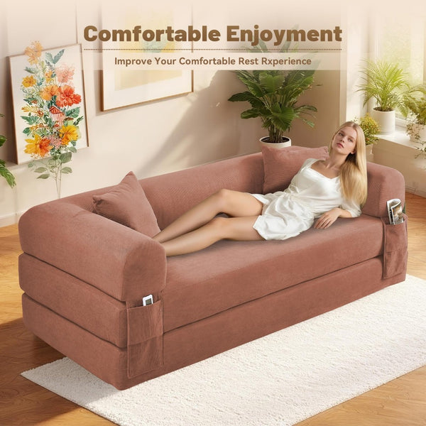 English Elm Convertible Corduroy Sleeper Sofa Queen Fold Out Bed with Dual Storage Pockets Pink W3396P483178