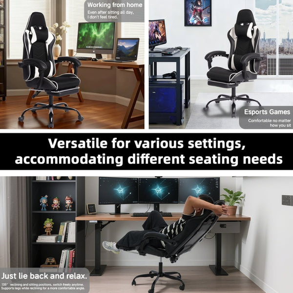 English Elm Deepfurniture Racing Style Gaming Chair Pu Leather Massage Lumbar Footrest Home Office Black White W3860P428632