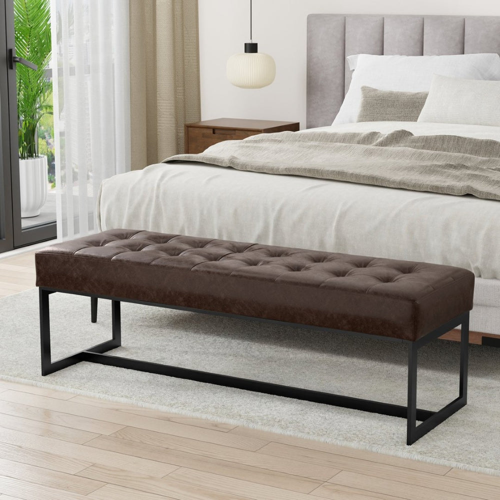 English Elm Penelope Tufted Genuine Leather Bench Ottoman with Black Metal Base for Bedroom B136P436940