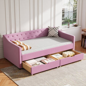 English Elm Twin Size Upholstered Daybed With Storage Drawers, Button-Tufted Pink Sofa Bed For Stylish Comfort W2336S00032-GIGA