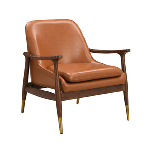English Elm Christopher Knight Home® - [Set of 2] Mid-Century Faux Leather Accent Chair with Solid Wood Frame, Brass-Tipped Legs, Plush Cushions Brown N767P205863B_2
