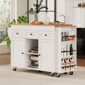 English Elm K&k Rolling Kitchen Island with Extendable Table Open Shelving and Built-in Power Outlet White N707P360278W