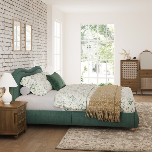 English Elm Queen Chenille Upholstered Curved Headboard Platform Bed with Oak Legs Solid Wood Slats W1716P428274