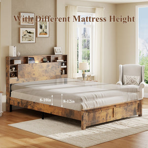 English Elm Wood Queen Platform Bed Bookcase Headboard with Led Lighting and Charging Station W636P444678