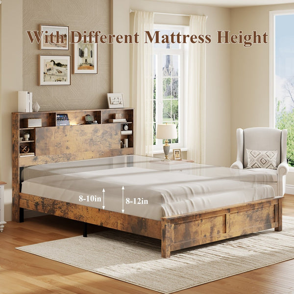 English Elm Wood Queen Platform Bed Bookcase Headboard with Led Lighting and Charging Station W636P444678