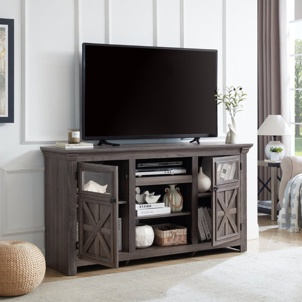 English Elm 2 Door Farmhouse Tv Stand with Barn Style Panels and Open Shelving for Living Room W1758P199935