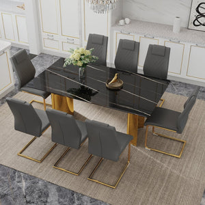 English Elm Table With Glass Top & 8 Chairs - Modern Imitation Marble Dining Set With Golden Stainless Steel Legs W1151S04331-GIGA