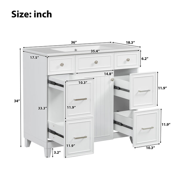 English Elm 36" 36-inch Transitional Bathroom Vanity with Ceramic Basin, Solid Wood Frame, Soft-Close Storage Elegance White N729P255663K