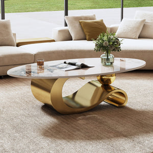 English Elm 49.2" Faux Marble Oval Coffee Table with Sintered Stone Top & Gold Sculptural Stainless Base for Living Room Gold+White W3136S00015