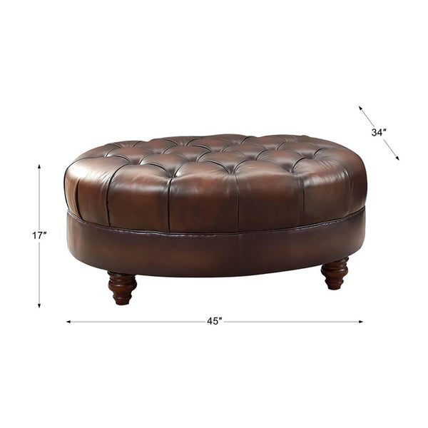English Elm Newport Hand-Finished Leather Ottoman with Nail-Head Trim, Serpentine Front Rail & Turned Legs B2705P211813
