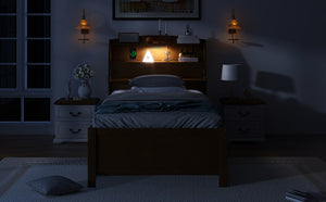 English Elm Twin LED Platform Bed with Trundle and Under-Storage Drawers, Flip-Up Headboard, USB Ports Espresso N820S10008D