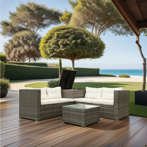 English Elm 4 Piece Patio Sectional Set - Modular Wicker Rattan Sofa With Soft Cushions & Convenient Storage Box W329S00033