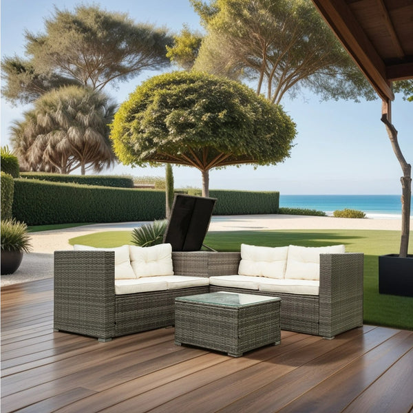 English Elm 4 Piece Patio Sectional Set - Modular Wicker Rattan Sofa With Soft Cushions & Convenient Storage Box W329S00033