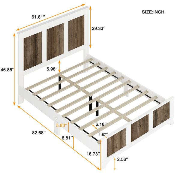 English Elm Farmhouse Wooden Platform Bed Queen with Rustic Strip Headboard, Plywood Slat Support, 700lb Capacity White 67.32 L x 21.77 W x 7.87 H WF530906AAK