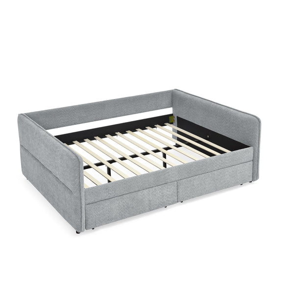 English Elm Daybed With Trundle - Stylish Upholstered Queen Sofa Bed In Grey Boucle With Storage Drawers W1413S00073