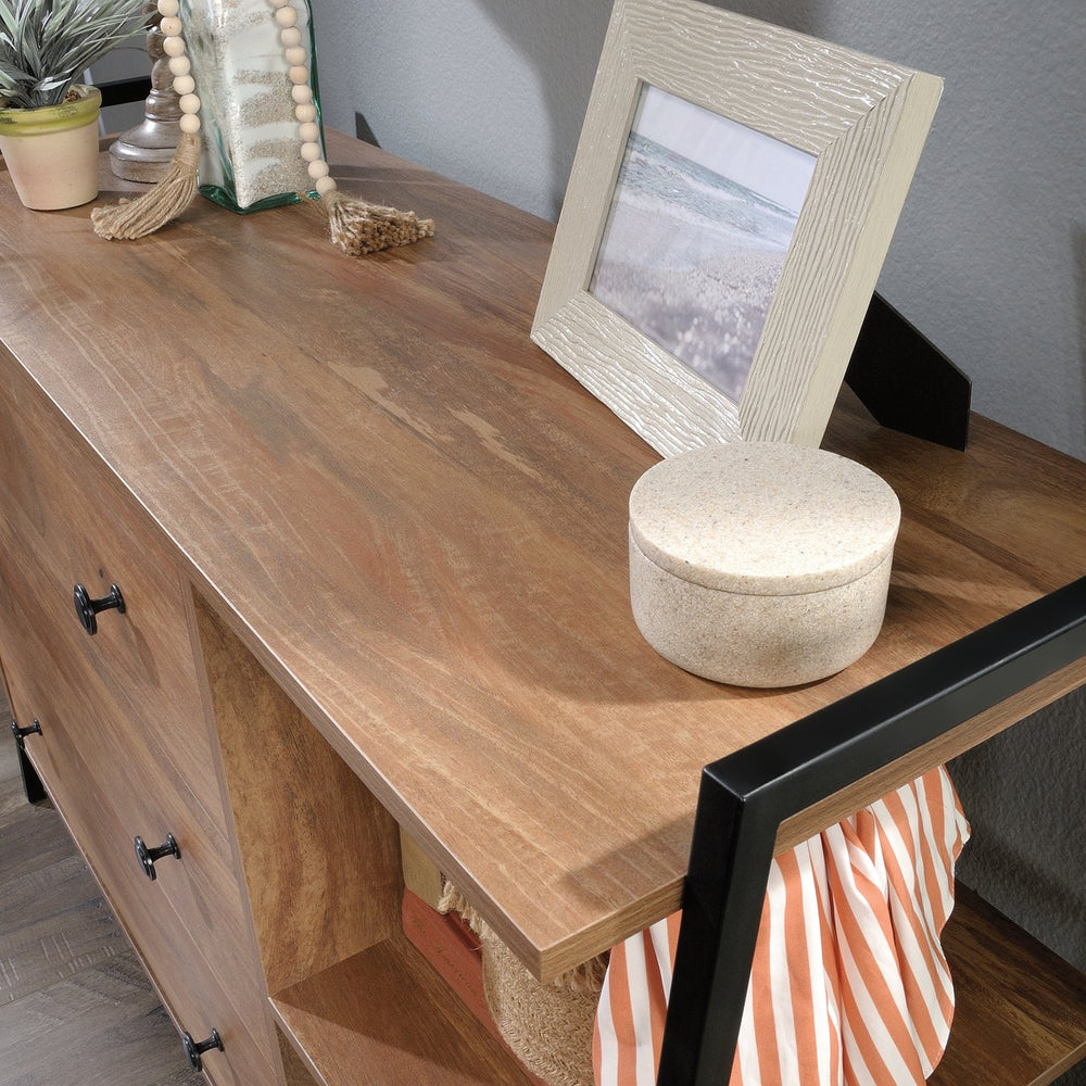 English Elm Dresser, Modern Brown Finish With Industrial Metal Frame And Open Shelves For Stylish Storage Solutions B356P367907