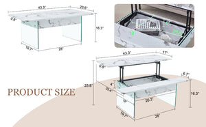 English Elm Multifunctional Lift Top Coffee Table with Tempered Glass Legs, Ergonomic Storage and Durable MDF Finish Transparent,White W2920P226076