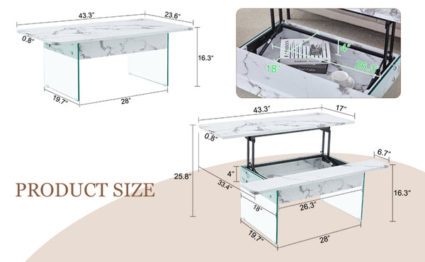 English Elm Multifunctional Lift Top Coffee Table with Tempered Glass Legs, Ergonomic Storage and Durable MDF Finish Transparent,White W2920P226076