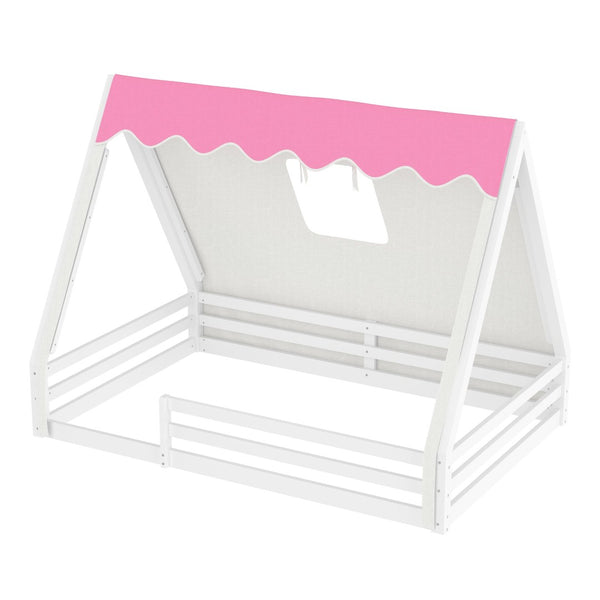 English Elm Twin Montessori Floor Bed Solid Pine Teepee Frame with Guardrails and Canopy Light White+Pink W1580P369467