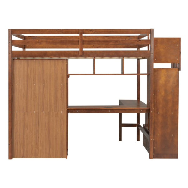 English Elm Twin Over Full Bunk Bed Solid Pine Frame with Built-in Slide and Storage Staircase Walnut W504S00286