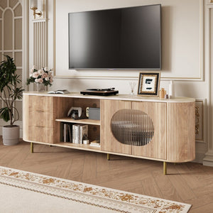 English Elm 65 Inch Fluted Media Console with Marble Look Top Gold Hardware Natural Finish Oak T5618P448226