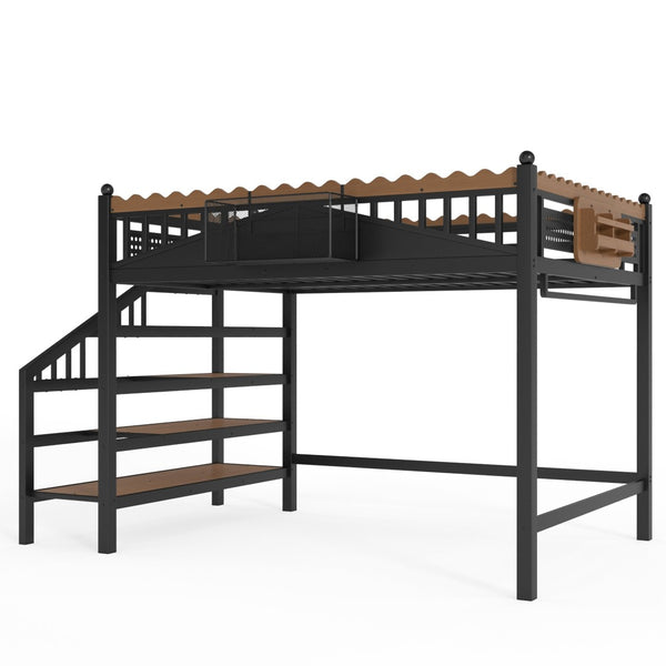 English Elm Twin Xl Metal Loft Bed with Stair Storage Shelves Sturdy Steel Frame for Dorms W1580S00379