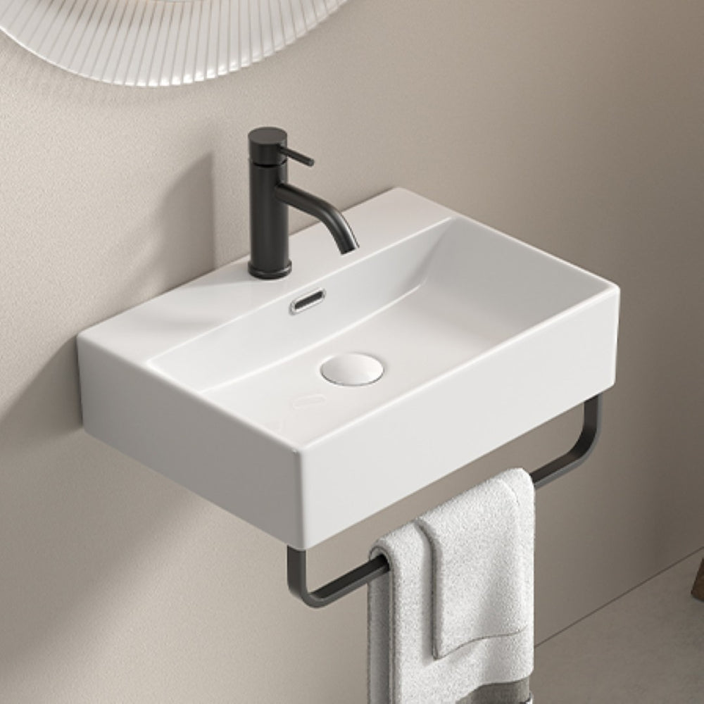 English Elm White Ceramic Wall Mount Bathroom Sink with Integrated Towel Rack for Small Spaces W3402P362473