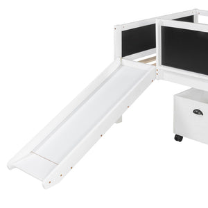 English Elm Twin Kids Loft Bed Solid Pine Frame with Slide Chalkboard and Climbing Rope Play Zone White N708P340493K