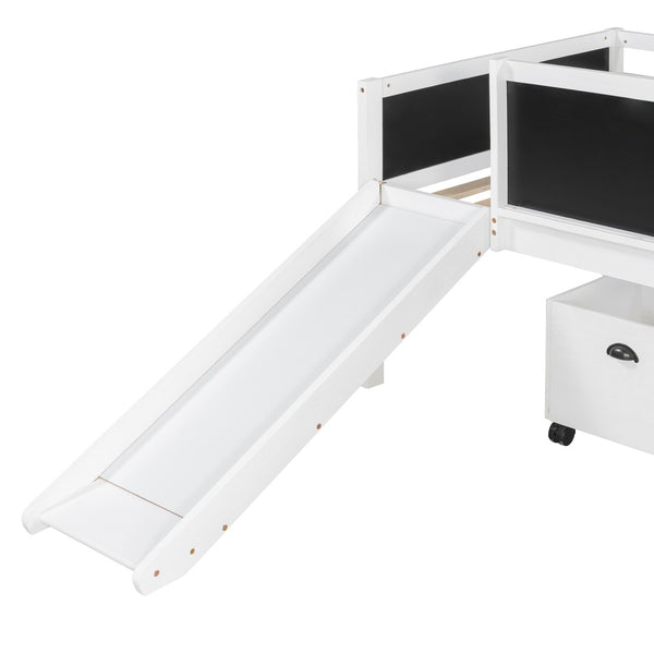 English Elm Twin Kids Loft Bed Solid Pine Frame with Slide Chalkboard and Climbing Rope Play Zone White N708P340493K
