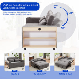 English Elm 61.4" Pull-out Sofa Bed Loveseat with Adjustable 3-Position Backrest, USB Ports, Cup Holders, Storage Rack Grey N719S001900E
