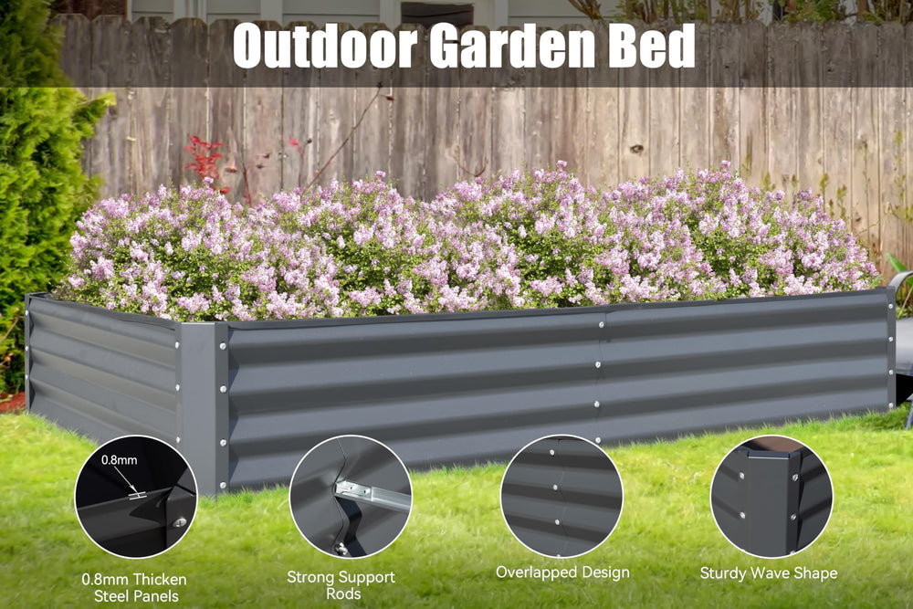 English Elm 8x4x1 Raised Garden Bed Galvanized Steel Outdoor Planter Box with Open Base, Support Rods & Safety Edge Gray W1859P197953