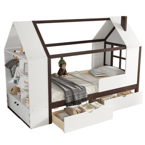 English Elm Twin House Frame Bed Pine Wood with Storage Drawers and Shelves for Kids Bedroom W1580S00573