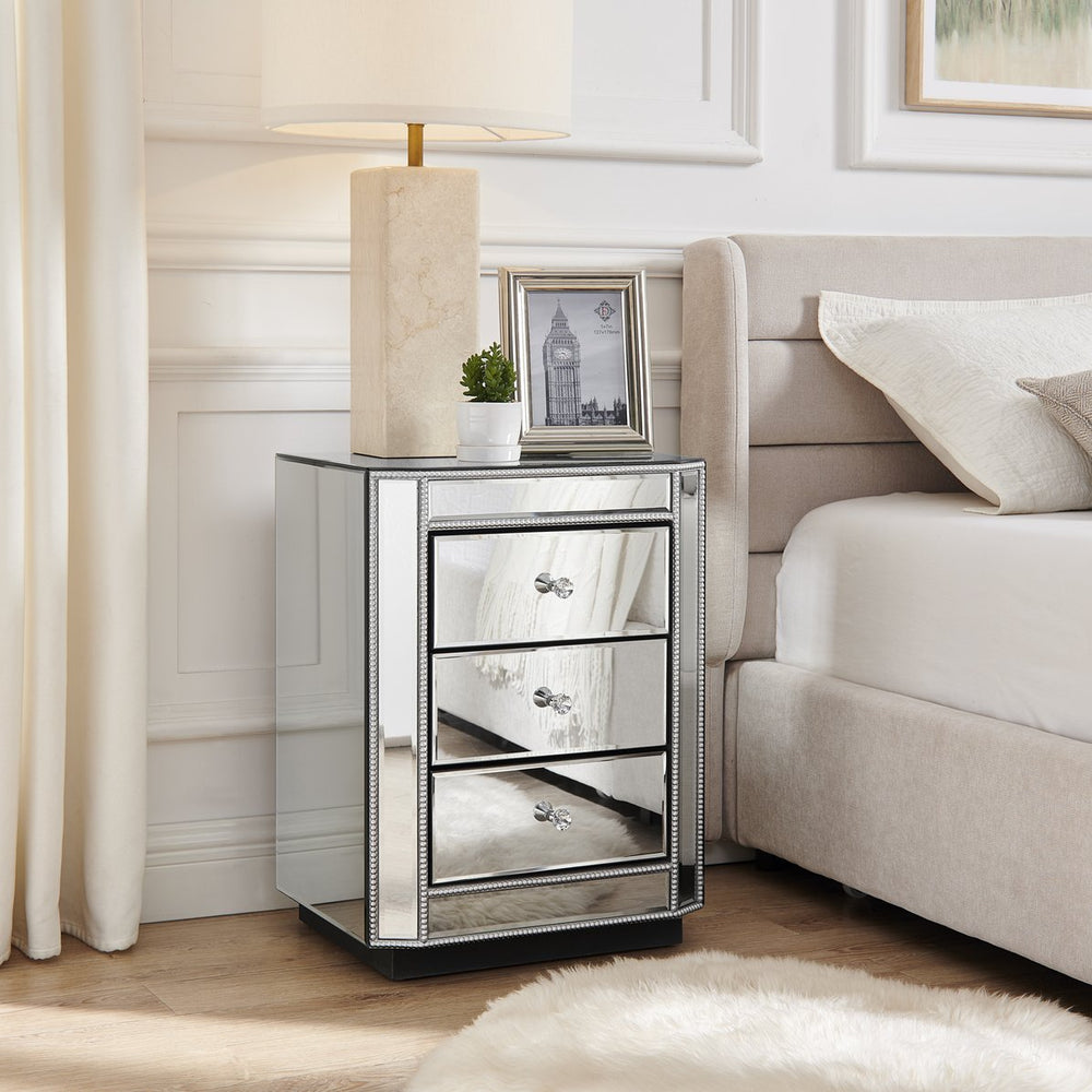 English Elm 3-Drawer Mirrored Nightstand with Silver Beaded Trim, 3 Spacious Drawers, Crystal Knobs, Sturdy Chic W1005P366579