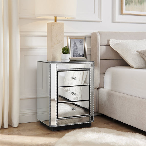English Elm 3-Drawer Mirrored Nightstand with Silver Beaded Trim, 3 Spacious Drawers, Crystal Knobs, Sturdy Chic W1005P366579