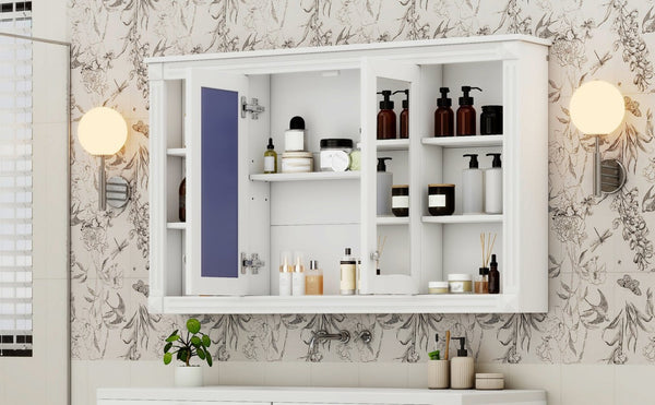 English Elm 47 Inch Wall Mounted Medicine Cabinet with Mirror Open Shelving and Adjustable Storage N710P363550K